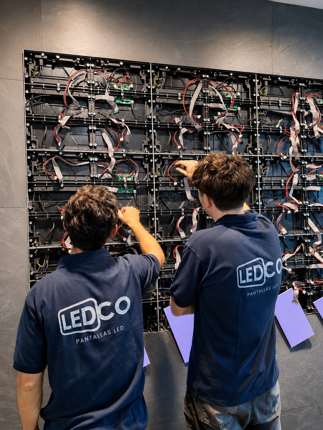 Dos técnicos de LEDCO trabajando en el cableado interno de una pantalla LED