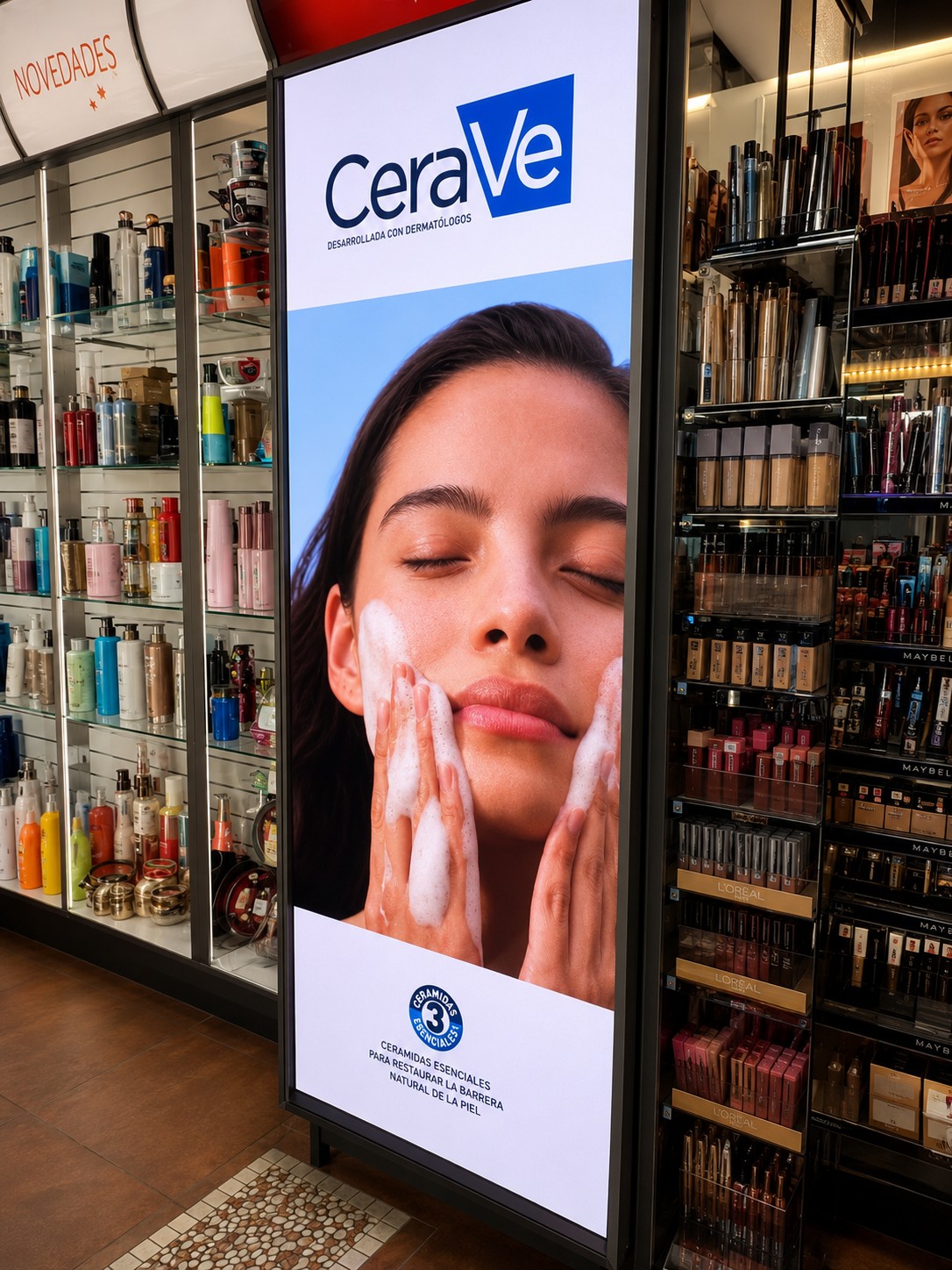 Tótem LED con publicidad en una farmacia