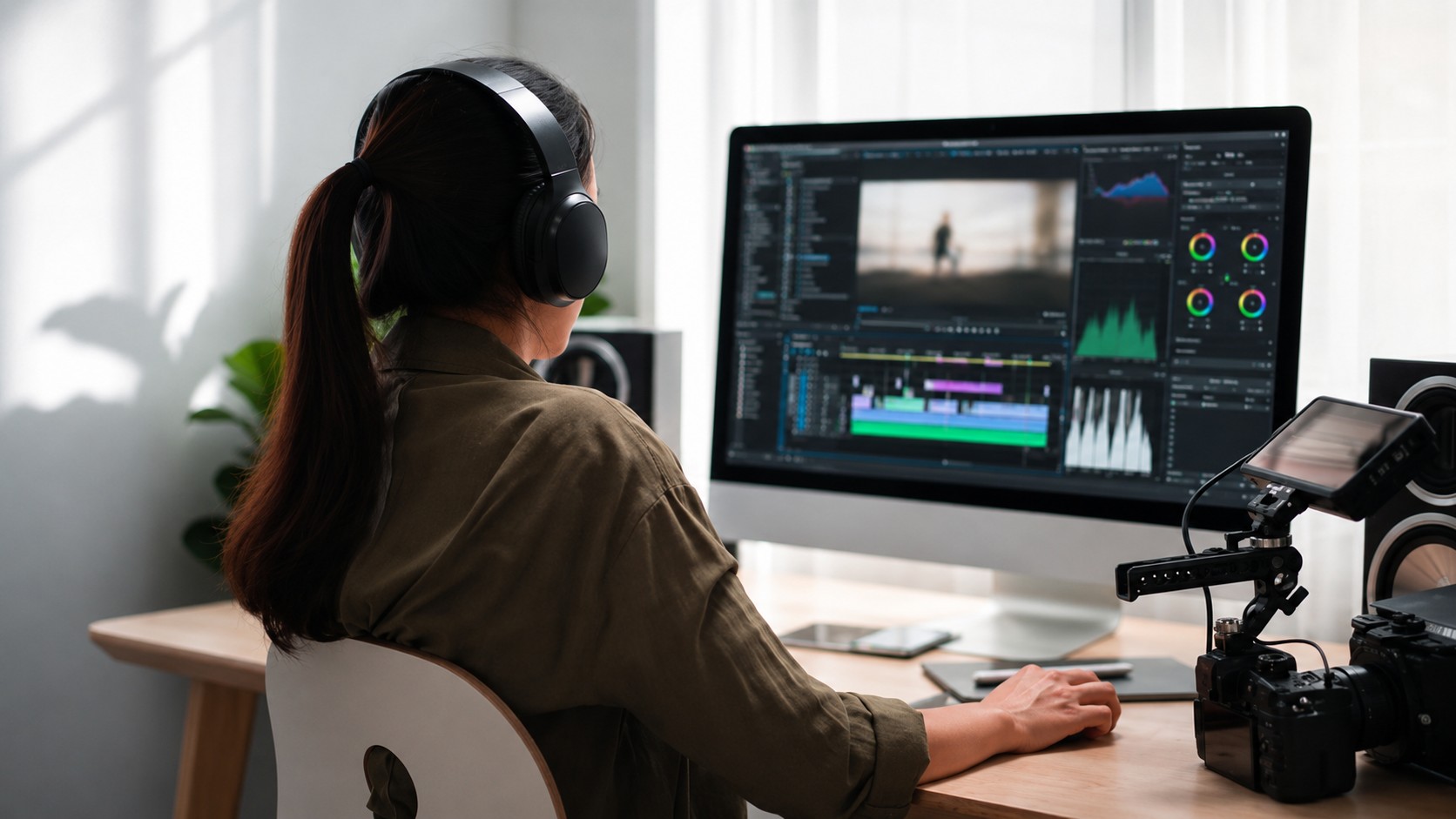 Editora del studio de LEDCO trabajando en la edición de un spot para pantalla LED